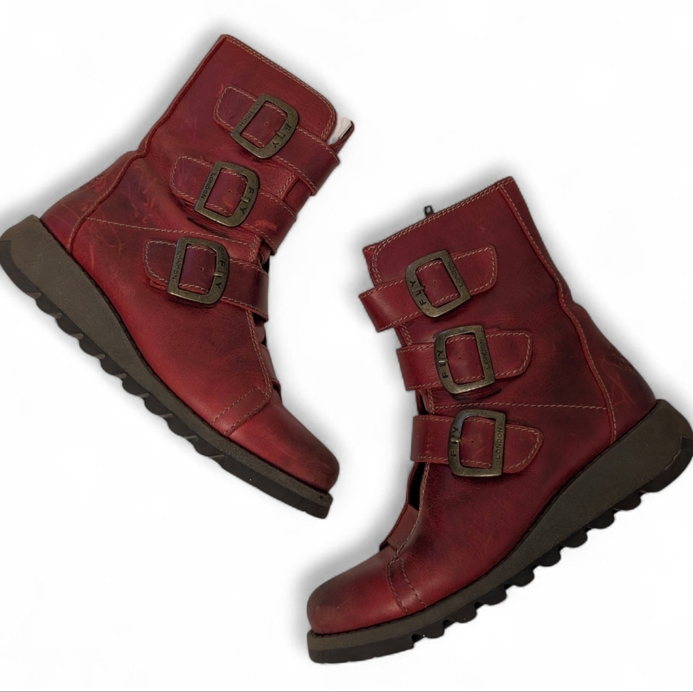Fly London Red Leather Combat Boots with Triple Buckles